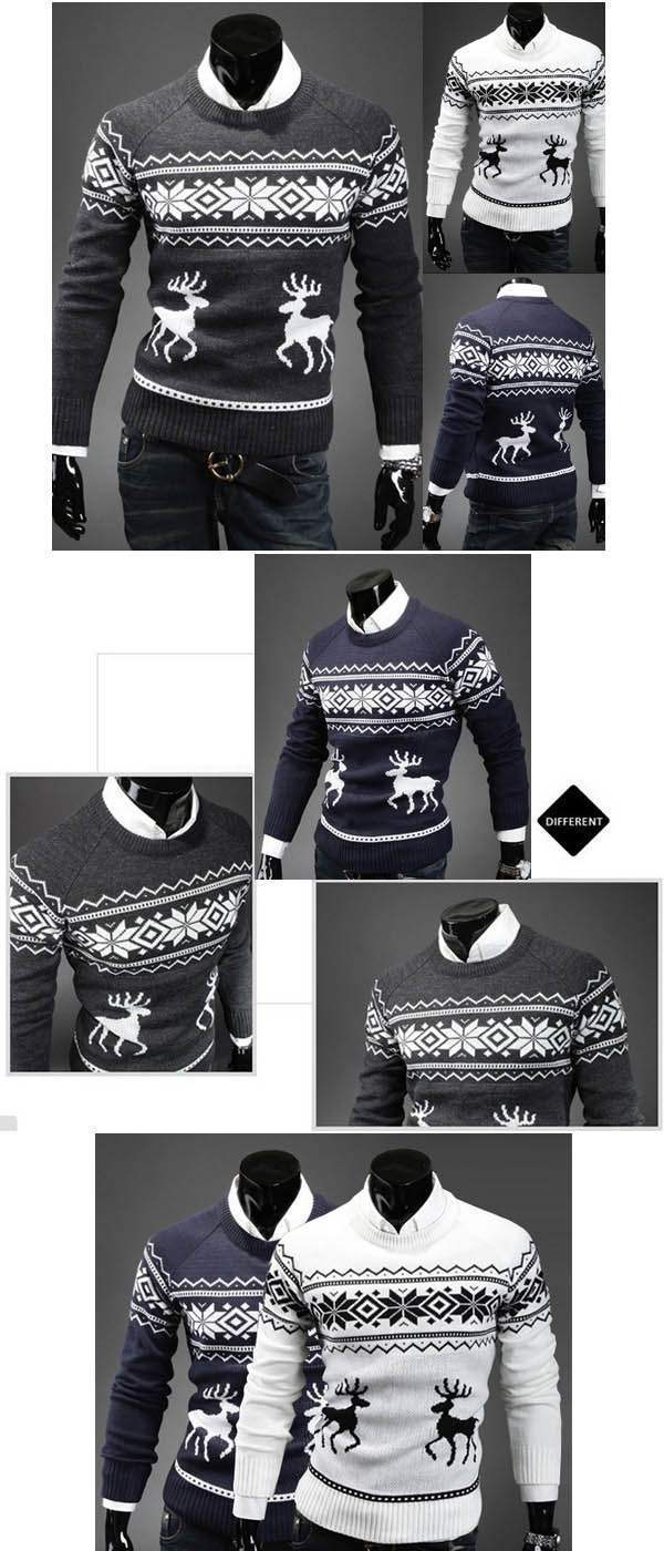 Pull Homme Fashion Col rond Fitted Hiver Noel Blanc
