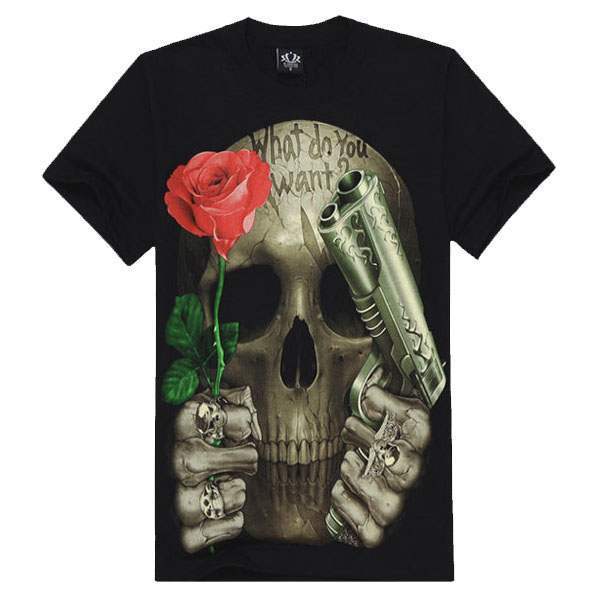 T Shirt à Manches Courtes Noir Skull Tattoo Rose Latino Tete De Mort