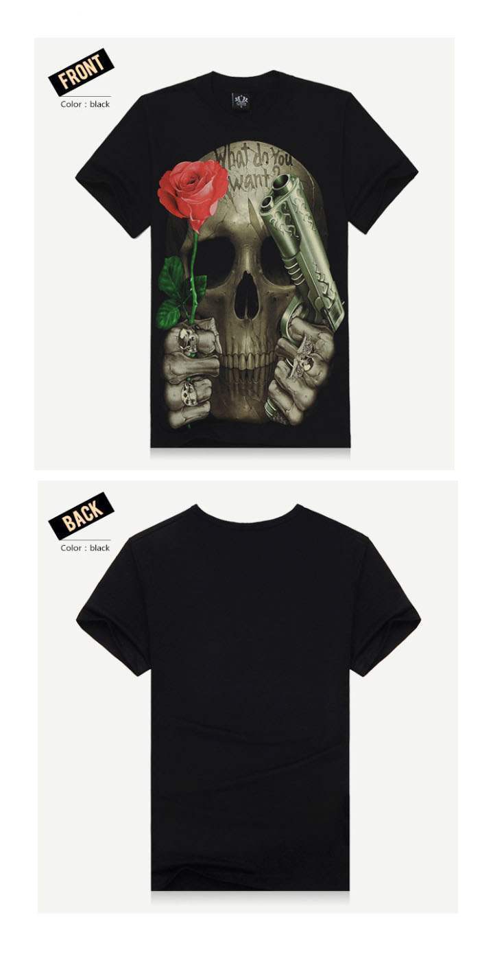 T Shirt à Manches Courtes Noir Skull Tattoo Rose Latino Tete De Mort