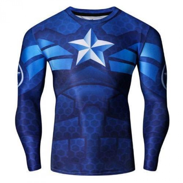 T Shirt Compression homme Captain America Musculation Fashion Workout Hot manches longues