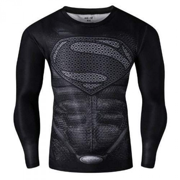 T Shirt Compression homme Superman Noir Musculation Fashion Workout Hot manches longues