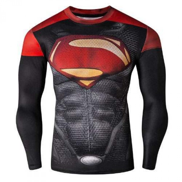 T Shirt Compression homme Superman rouge Musculation Fashion Workout Hot manches longues